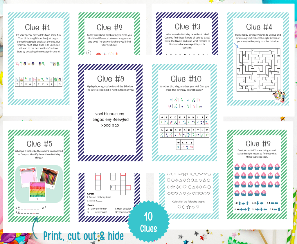 Ten birthday gift scavenger hunt cards