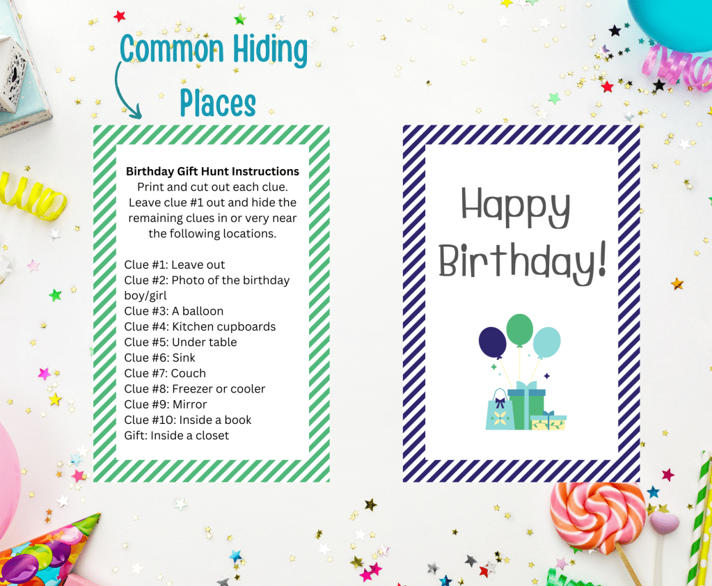 scavenger hunt instruction card listing hiding places and happy birthday card