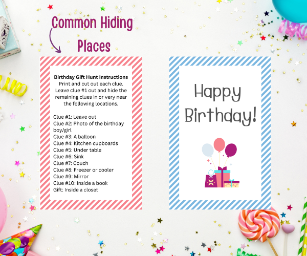 birthday gift scavenger hunt instructions and clue hiding locations
