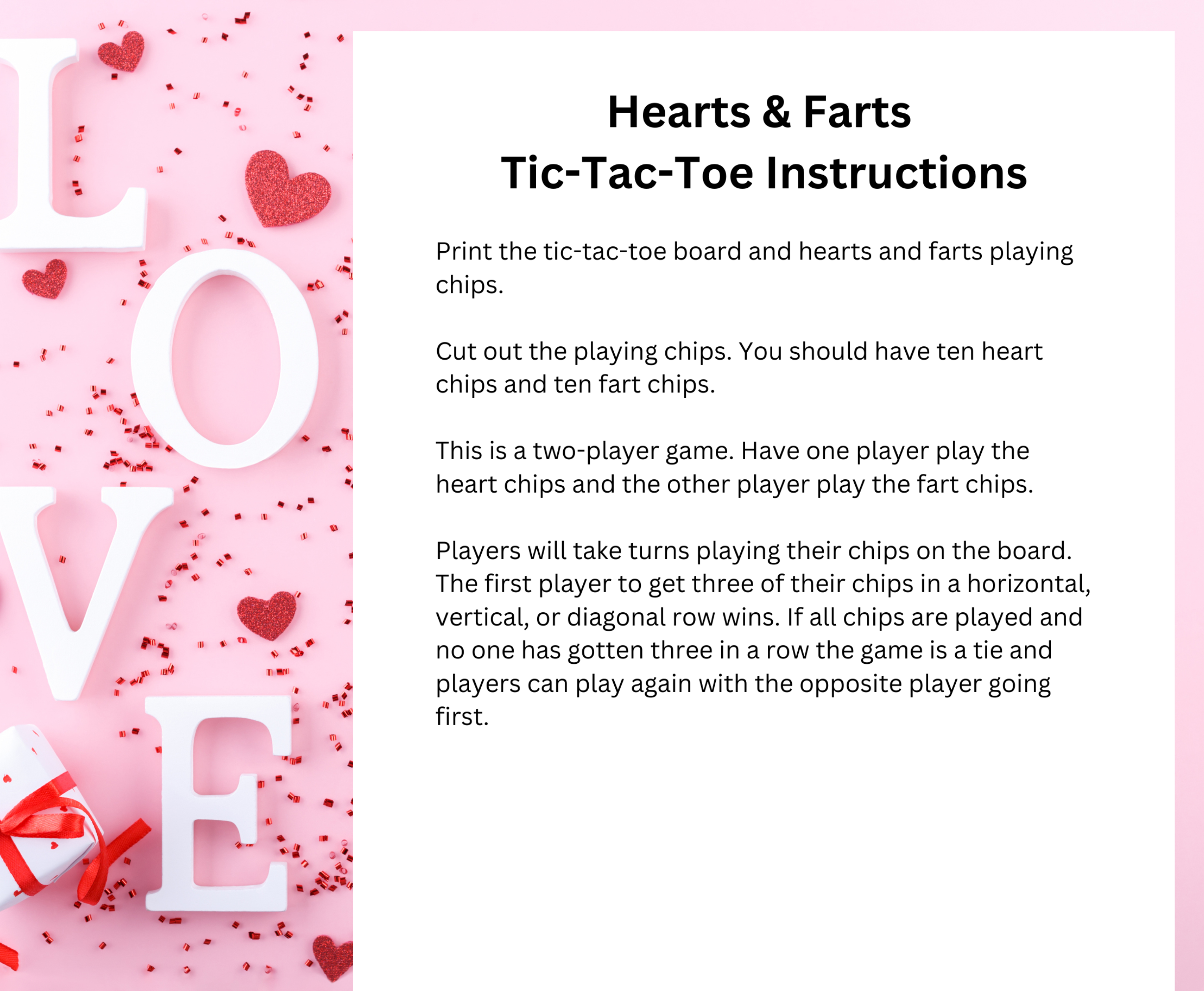 hearts and farts tic tac toe game instructions with the word love and hearts in the background