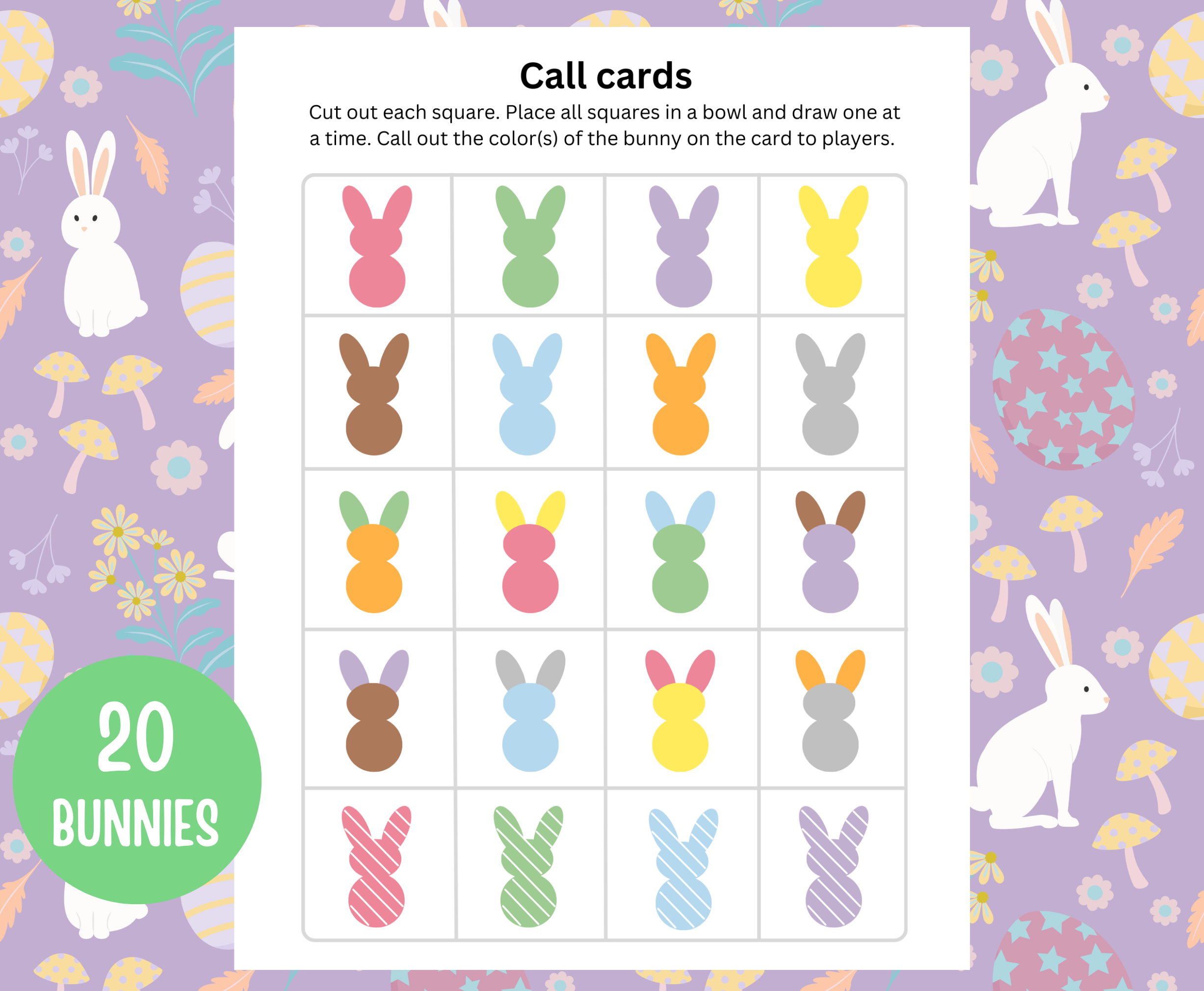 page of twenty bunny bingo calling cards