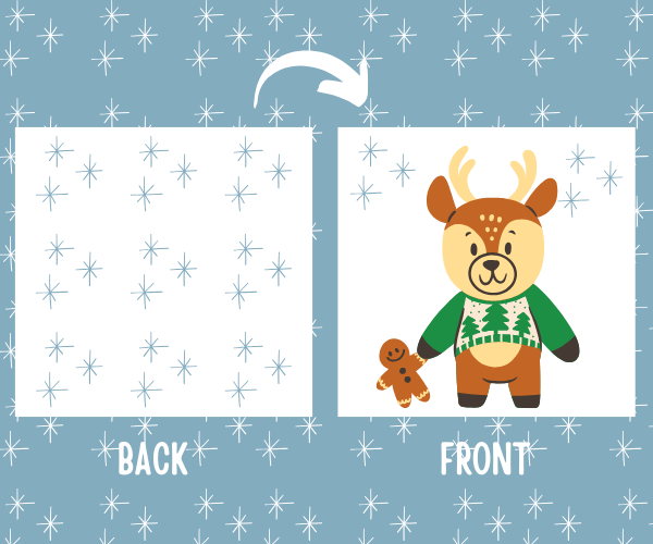 back and front of one christmas animal matching card with snowflakes on back and reindeer in a sweater holding a gingerbread cookie on front