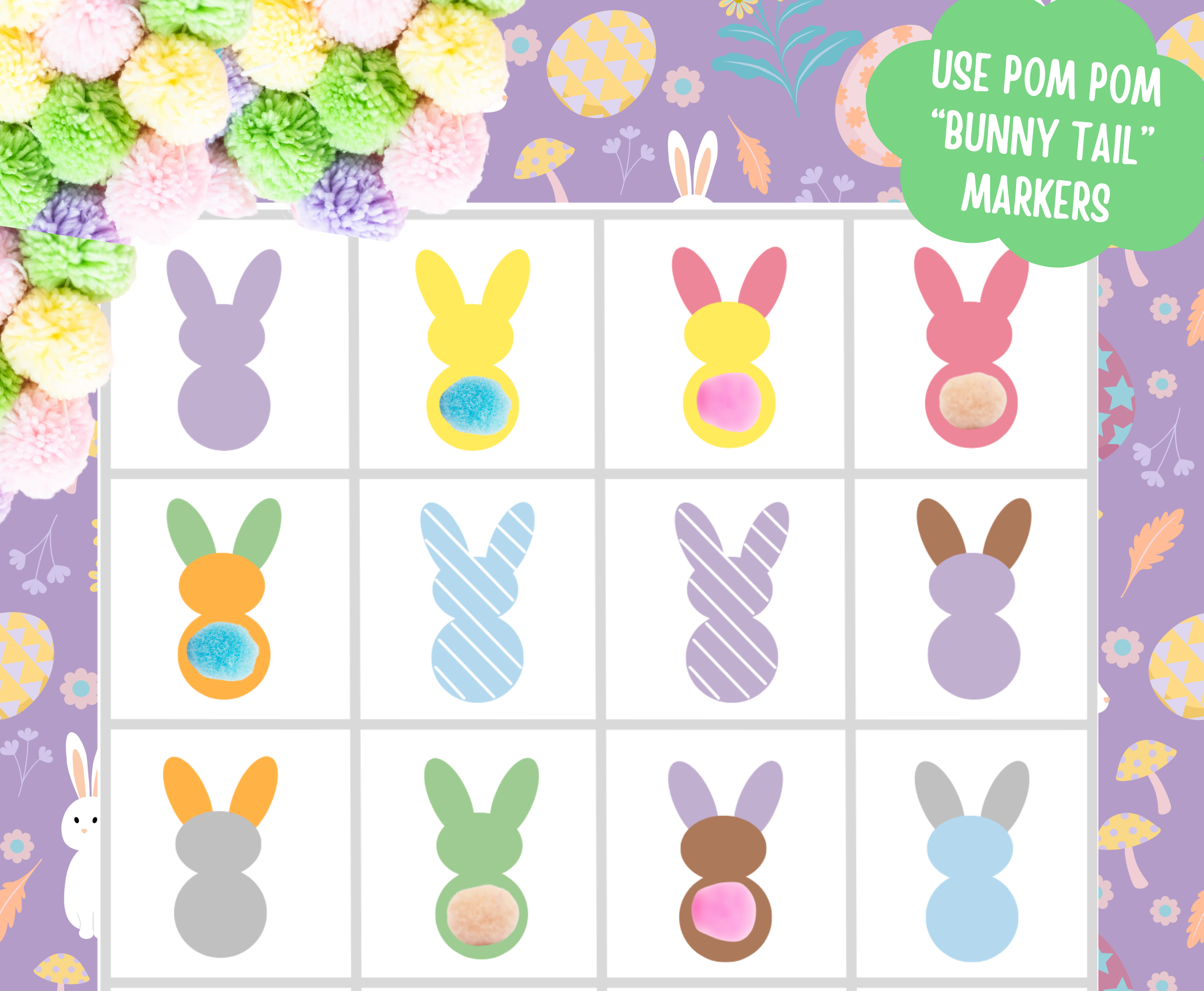 pom pom "bunny tail" markers on bunny bingo card