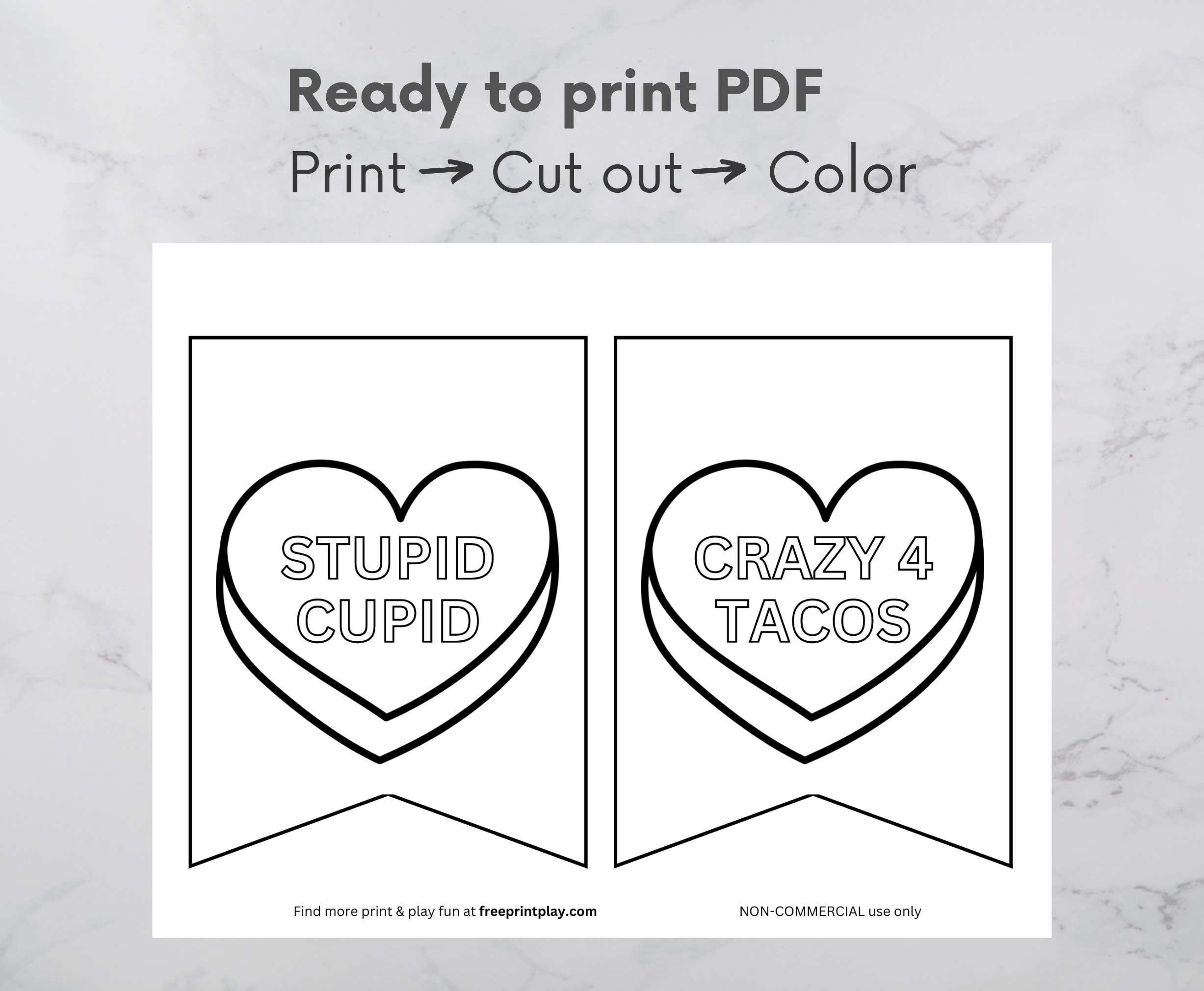 print, cut out, and color this ready to print pdf page of anti-valentine's day candy heart banner