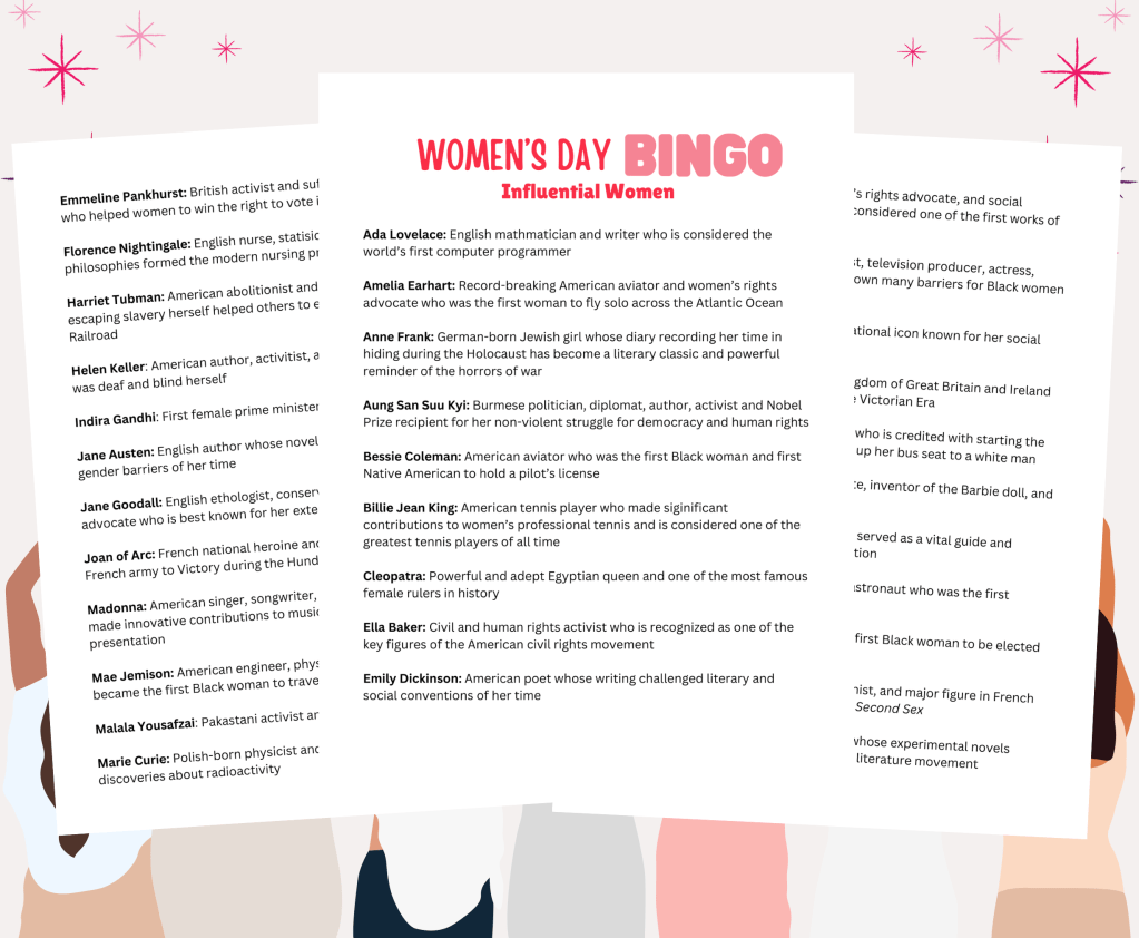three pages of list of women's day bingo influential women with short descriptions of each woman