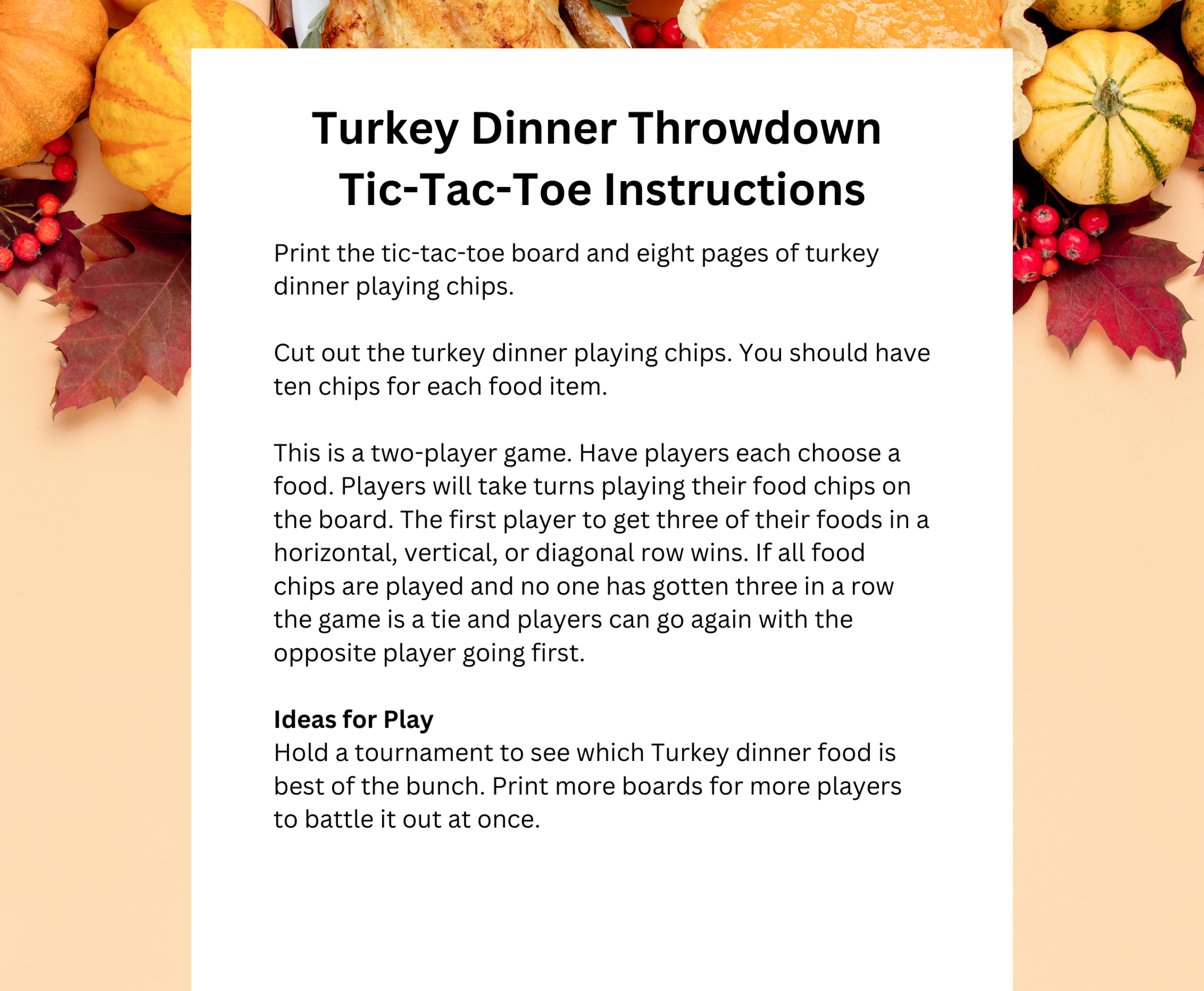 Turkey Dinner Throwdown tic tac toe instructions in front of pumpkins and leaves