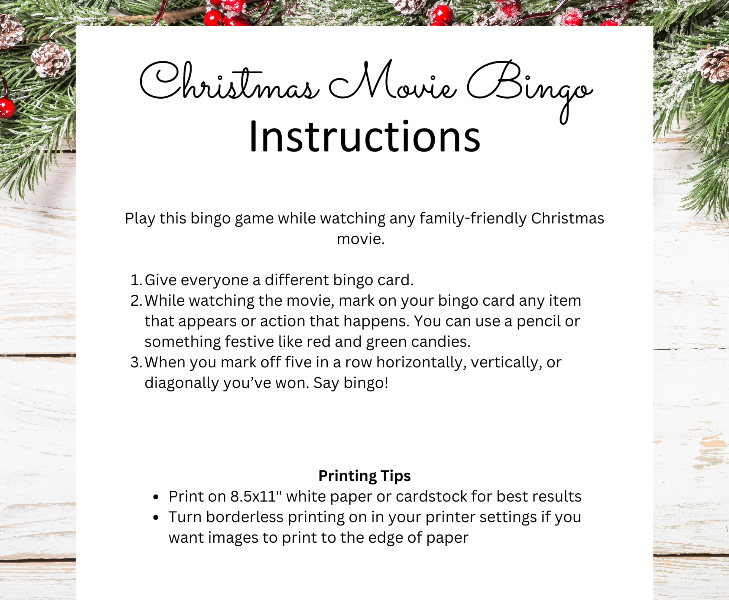Christmas movie bingo instruction sheet