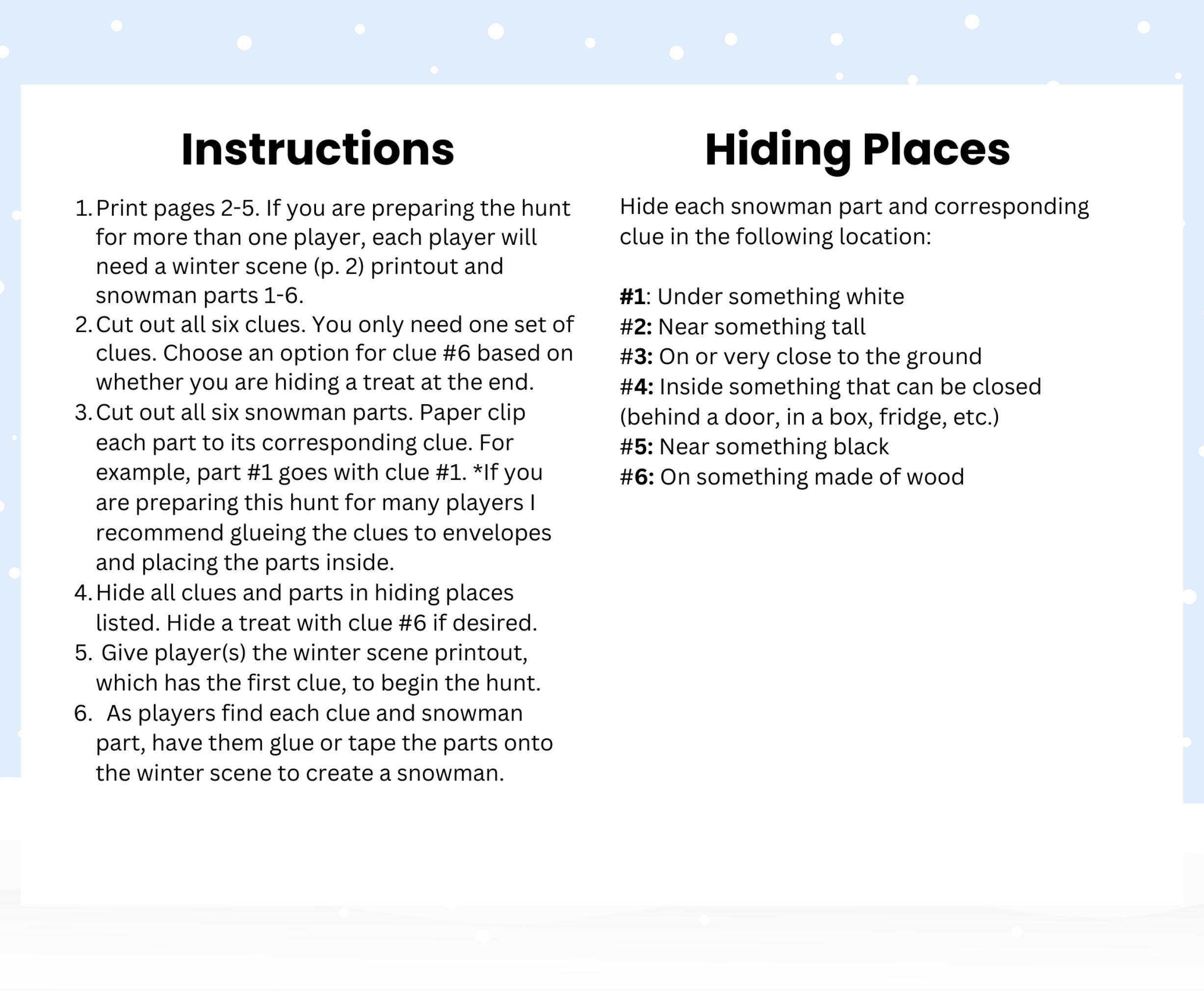 printable page of instructions and hiding places for snowman scavenger hunt