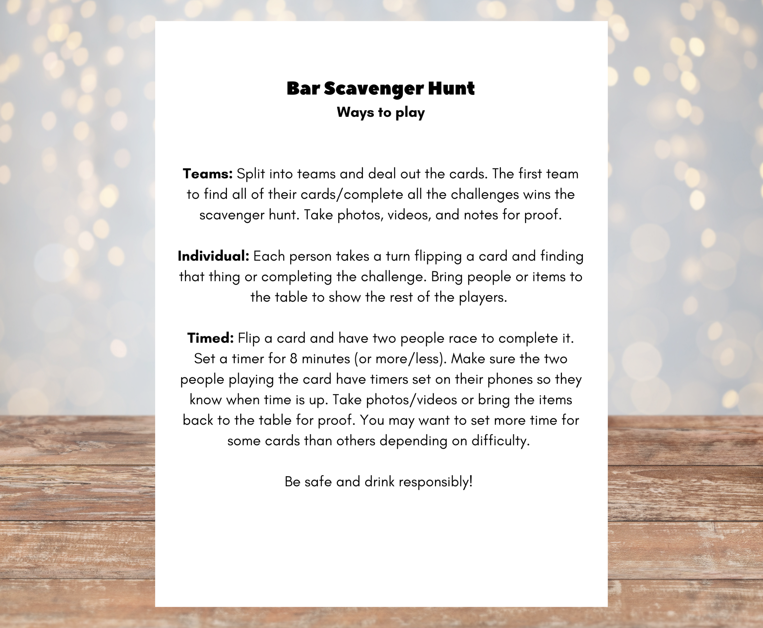 page of bar scavenger hunt instructions