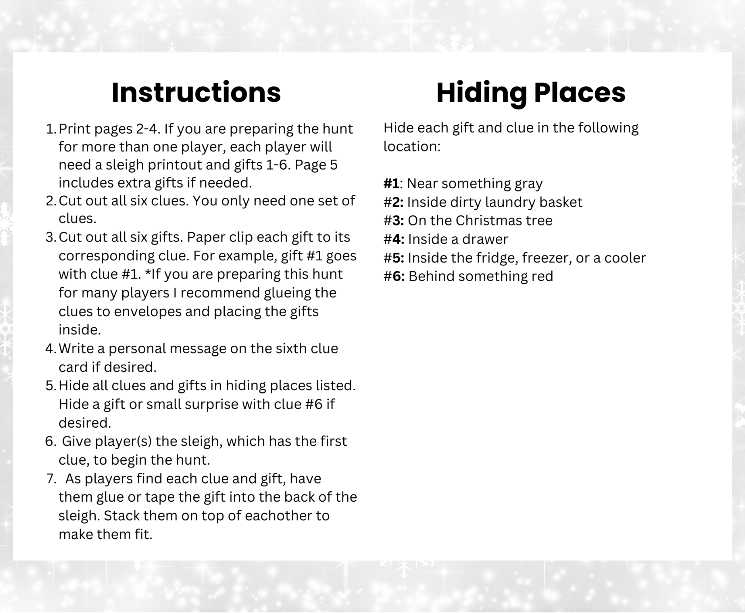 printable page of instructions and hiding places