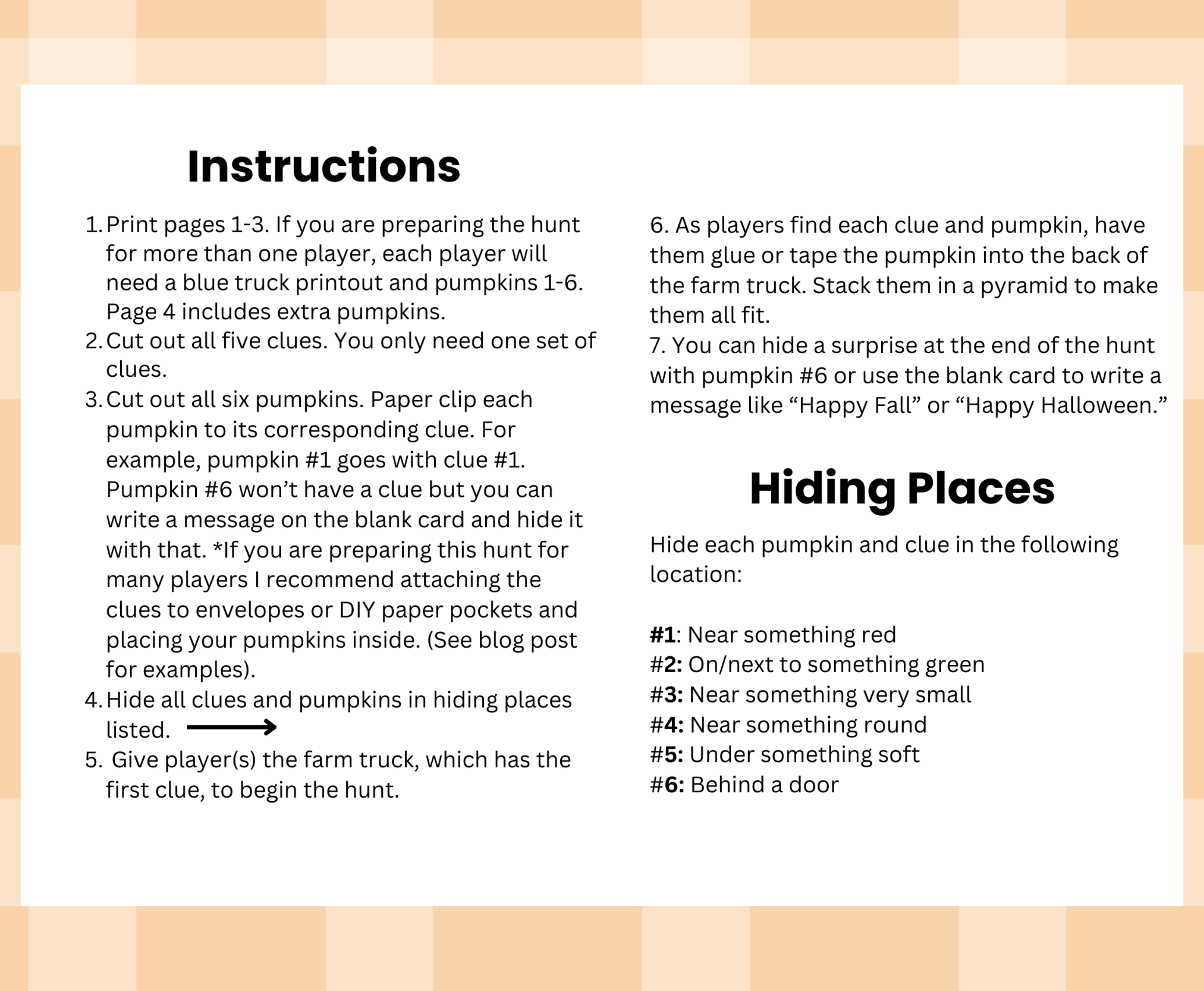 Printable page of instructions and hiding places for pumpkin hunt