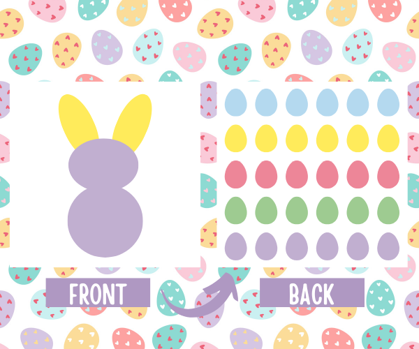 front of bunny matching card featuring a purple bunny with yellow ears and back of bunny matching card featuring colorful Easter eggs