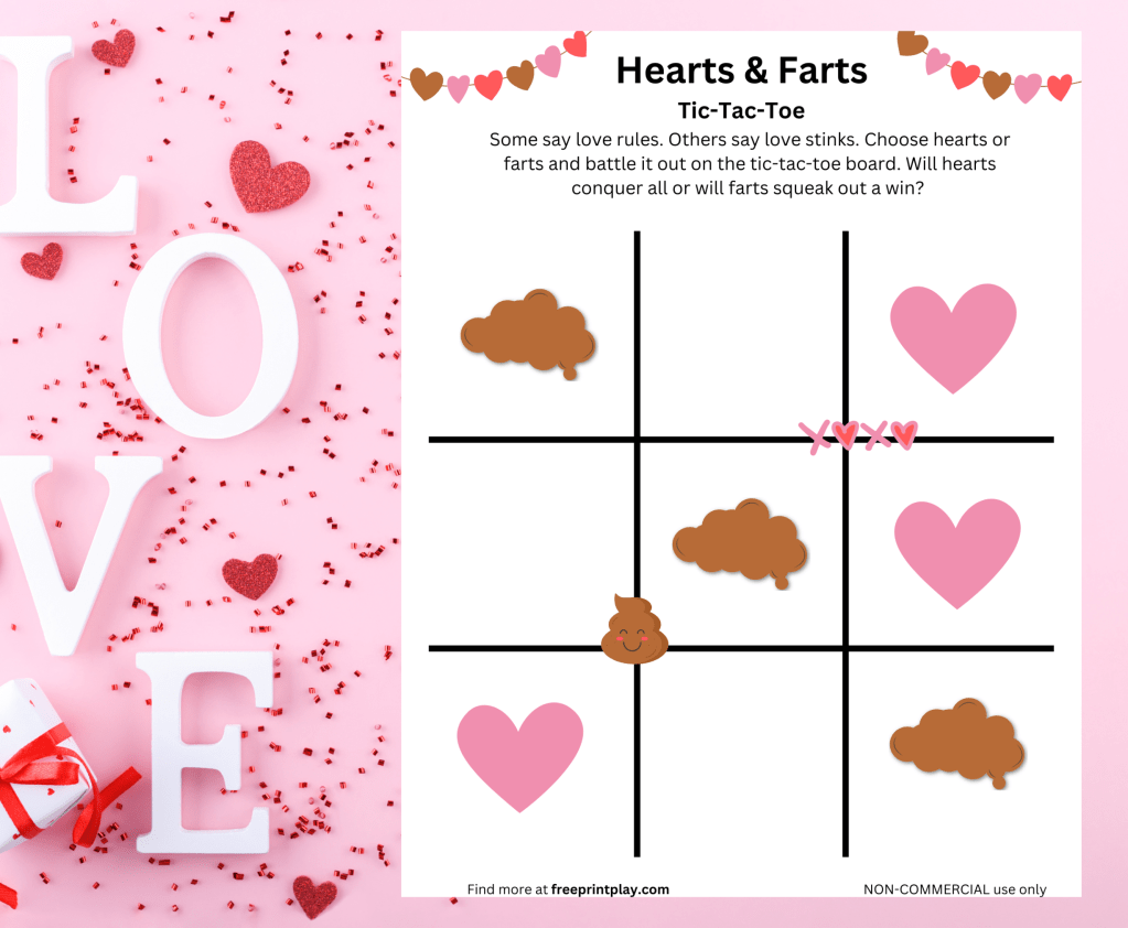 hearts and farts tic tac toe board with three fart chips in a diagonal row 