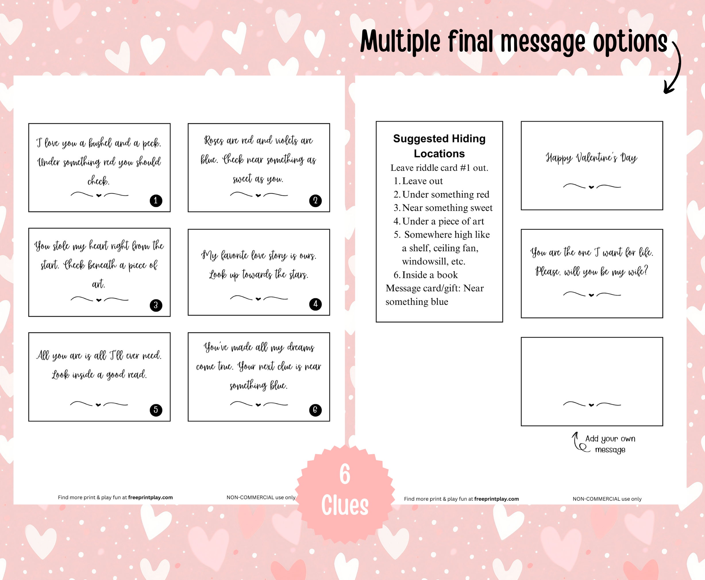 one page of six I love you scavenger hunt clues and one page of suggested hiding locations and three final message options