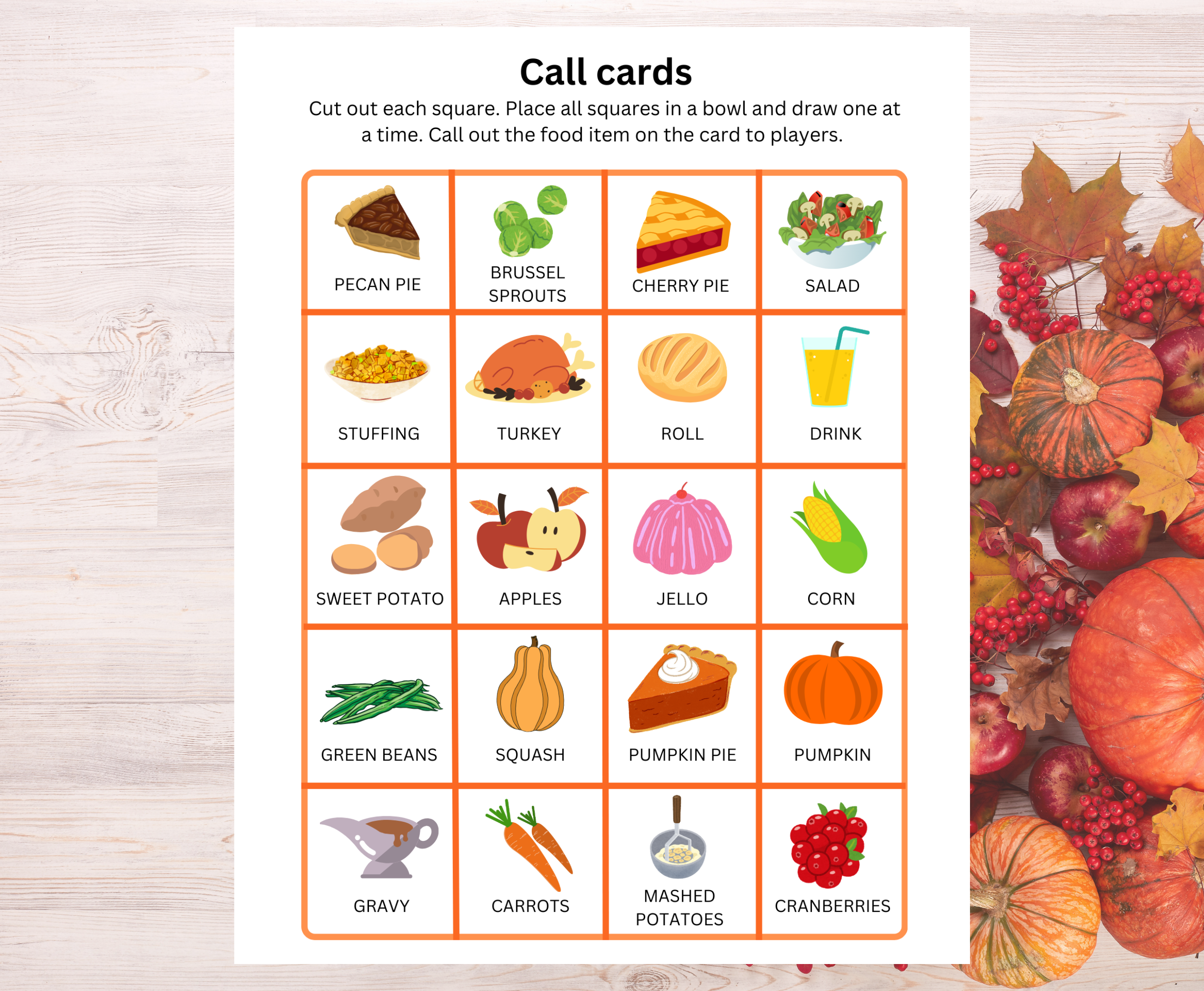 Thanksgiving bingo call cads with leaves and pumpkins in background