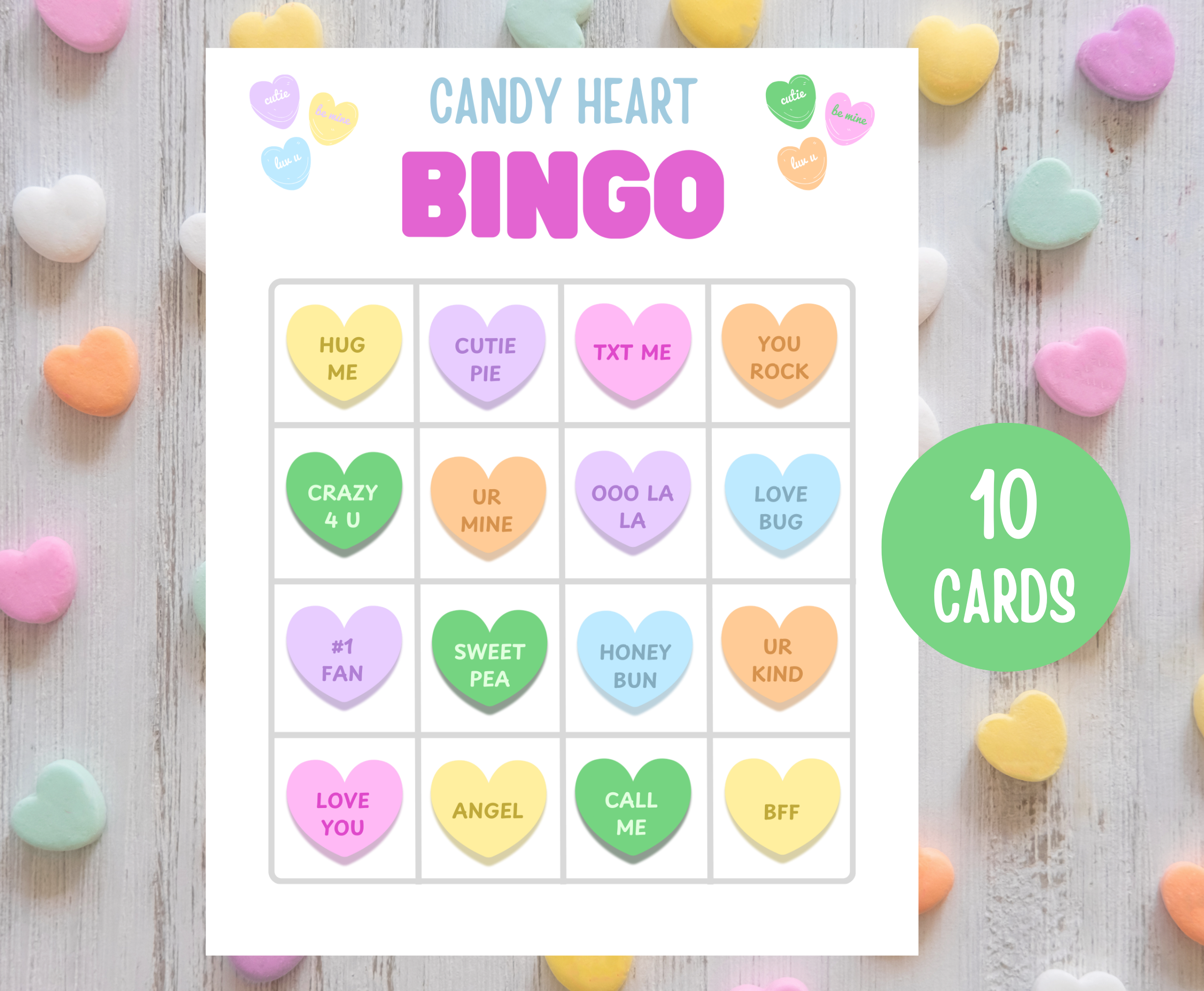 one of ten candy heart bingo cards