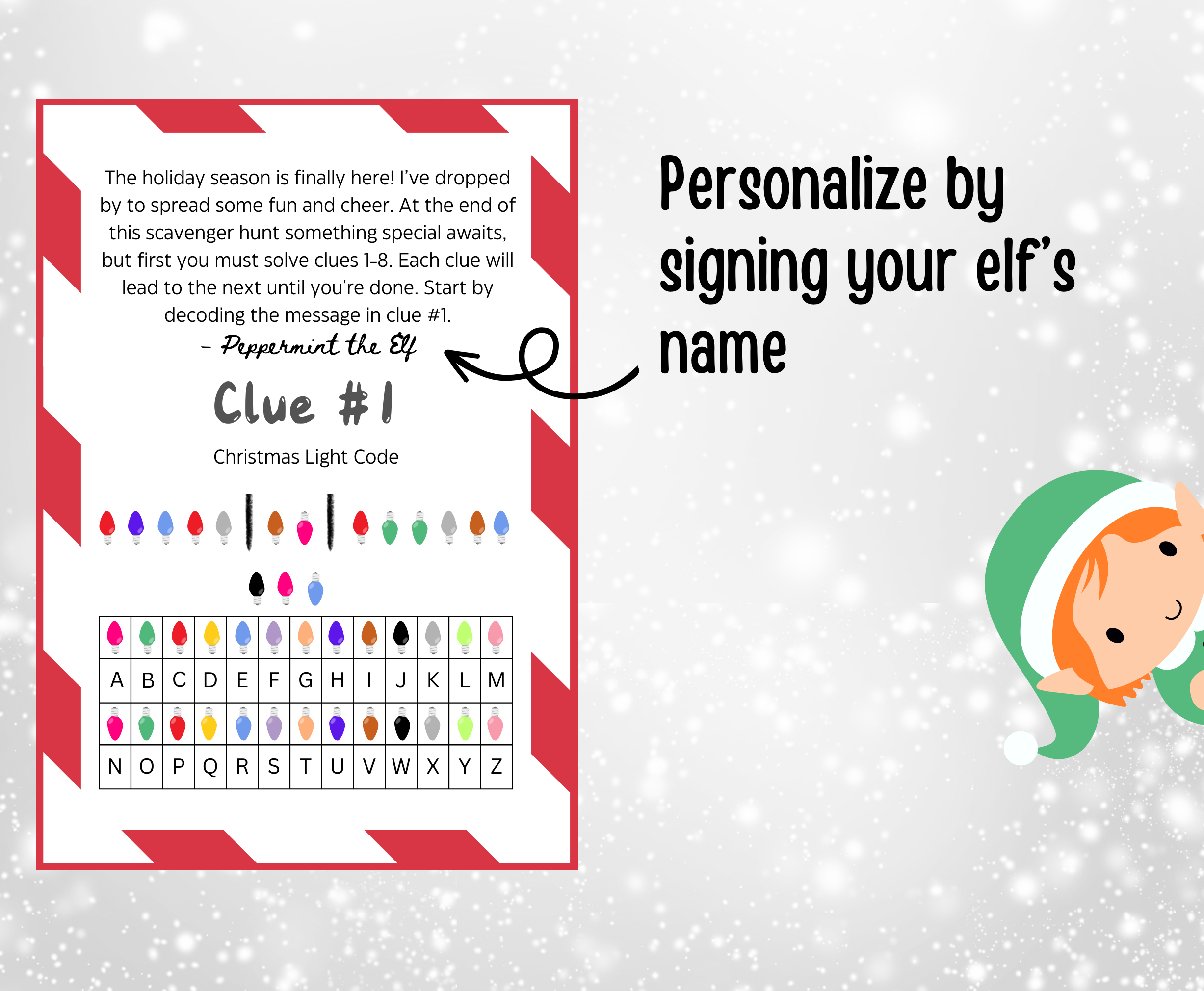 christmas elf scavenger hunt clue #1 personalize by signing your elf's name
