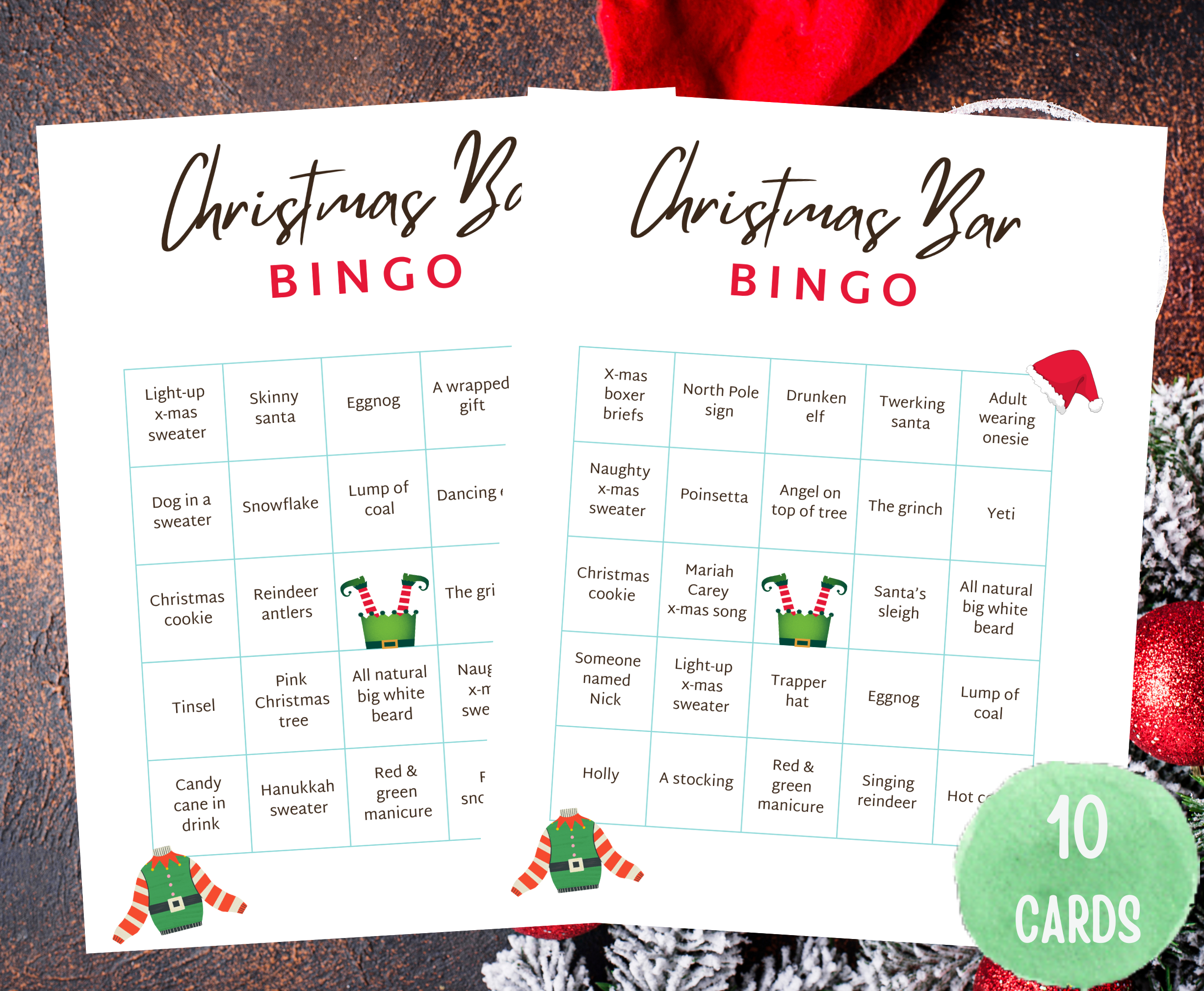 Two Christmas bar bingo cards