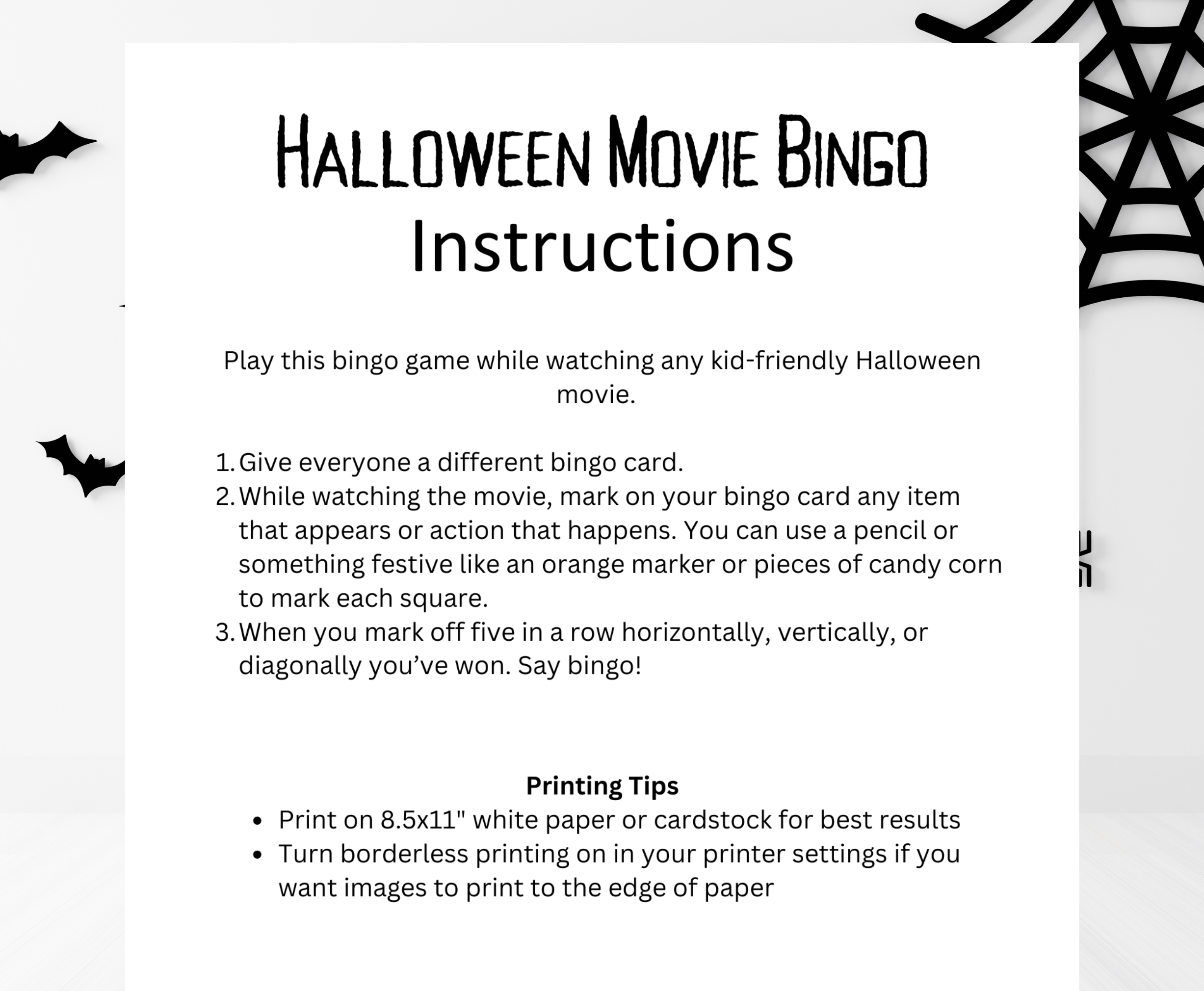 Halloween movie bingo instructions and printing tips