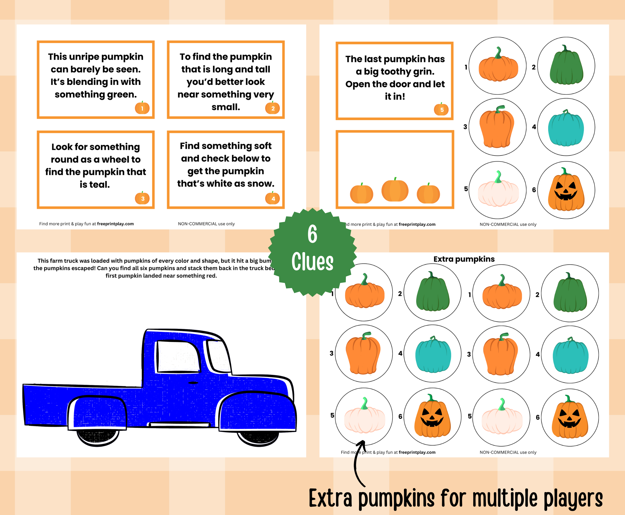 Six printable pumpkin scavenger hunt cards, printable pumpkins, and blue truck printable