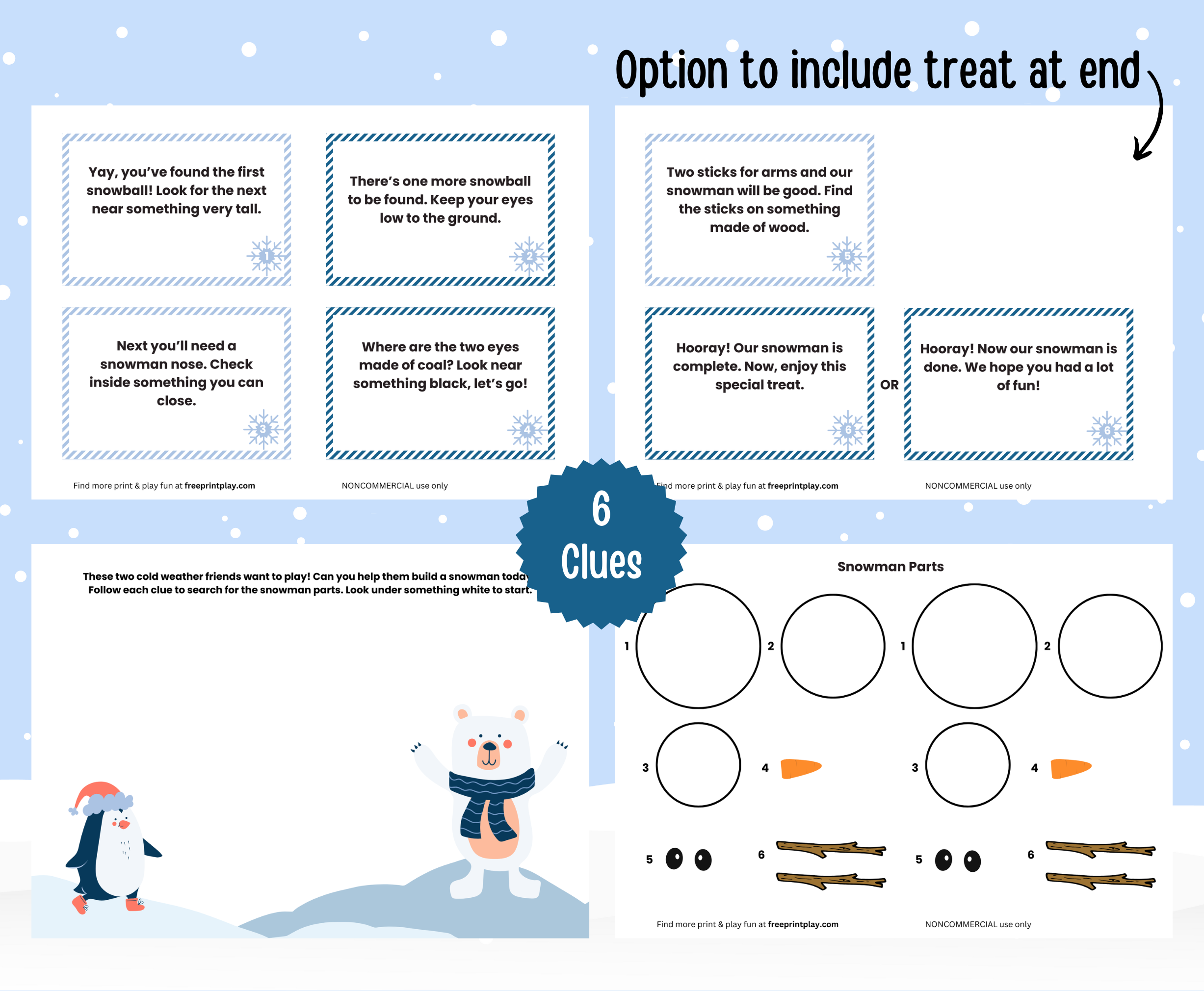 two pages containing six snowman scavenger hunt clues, one page of snowman parts, and one page with a clue and image of penguin and polar bear