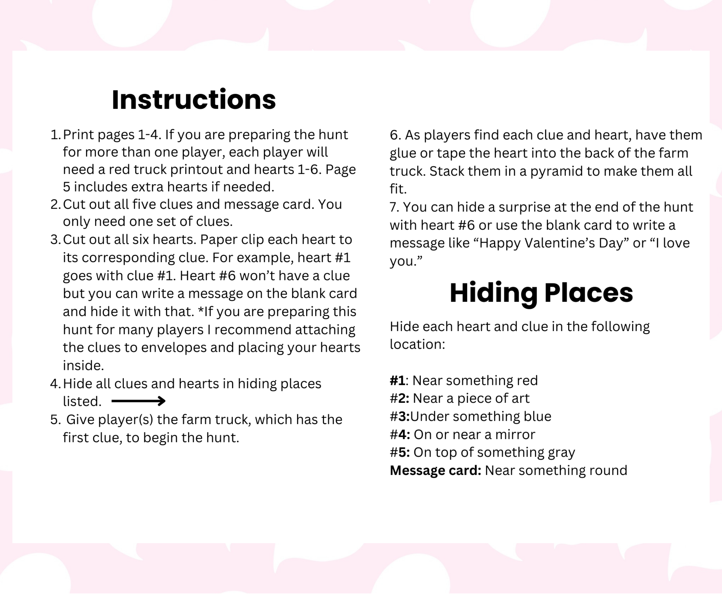 instructions and hiding places for heart scavenger hunt