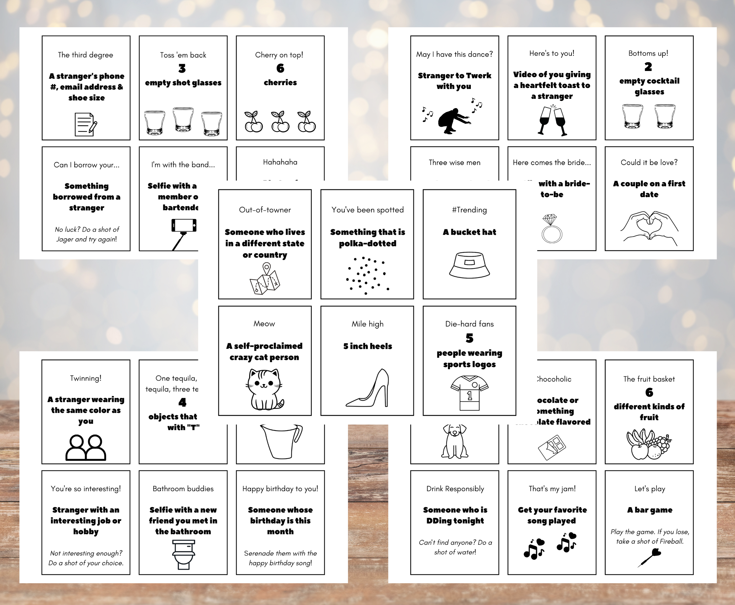 five pages of bar scavenger hunt cards containing six cards each