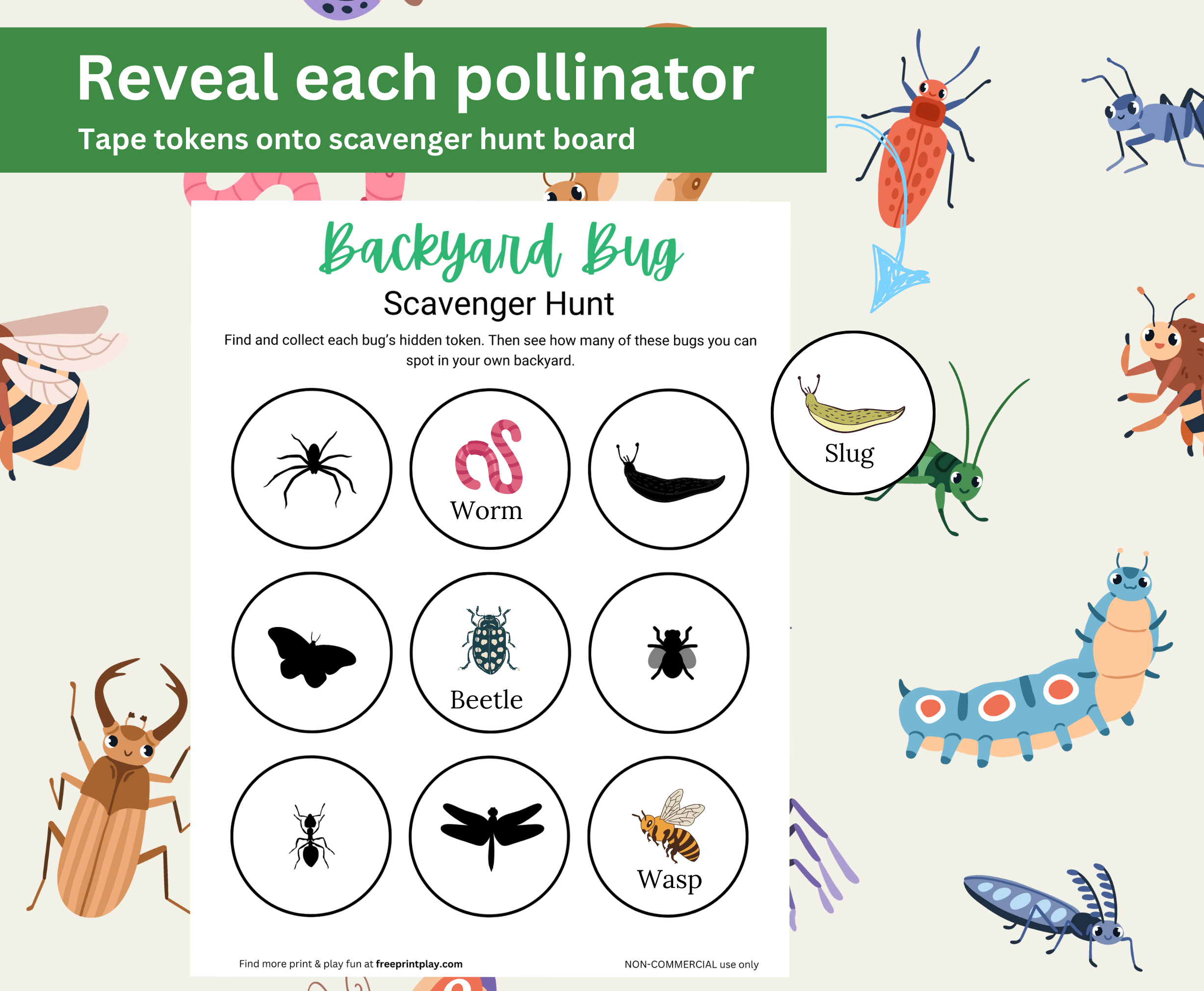 Reveal each bug token and tape tokens onto scavenger hunt board