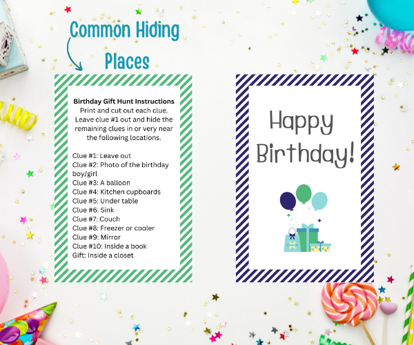 birthday gift scavenger hunt card instructions and hiding locations
