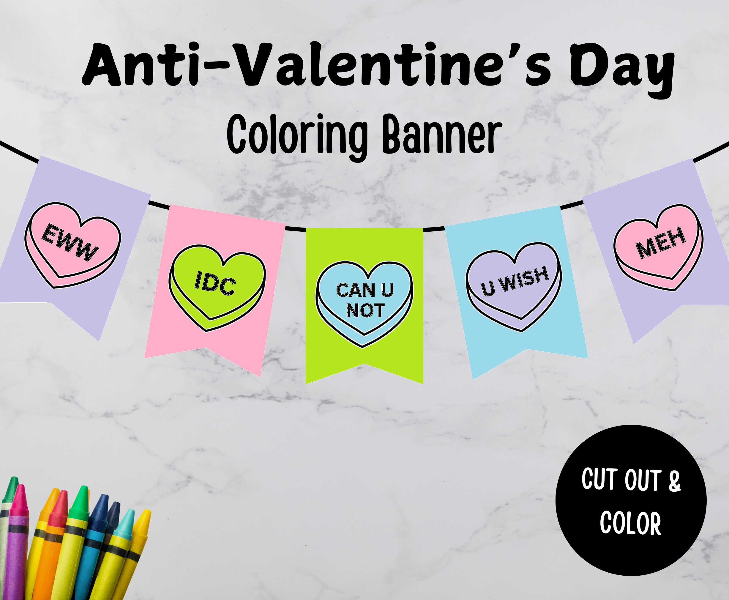 five colored anti-valentine's day coloring banner flags