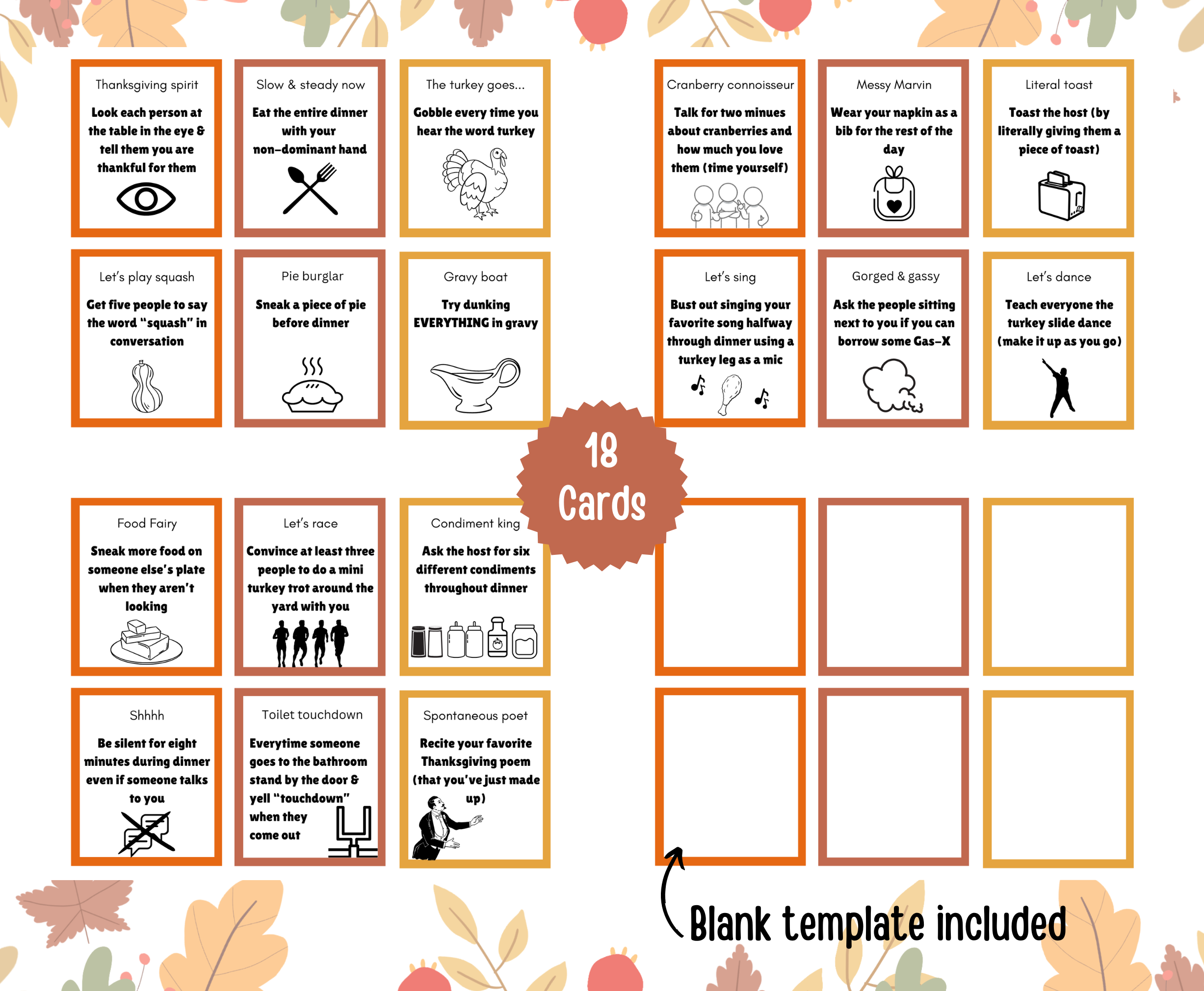 Eighteen turkey dinner dare cards and one page of six blank template cards
