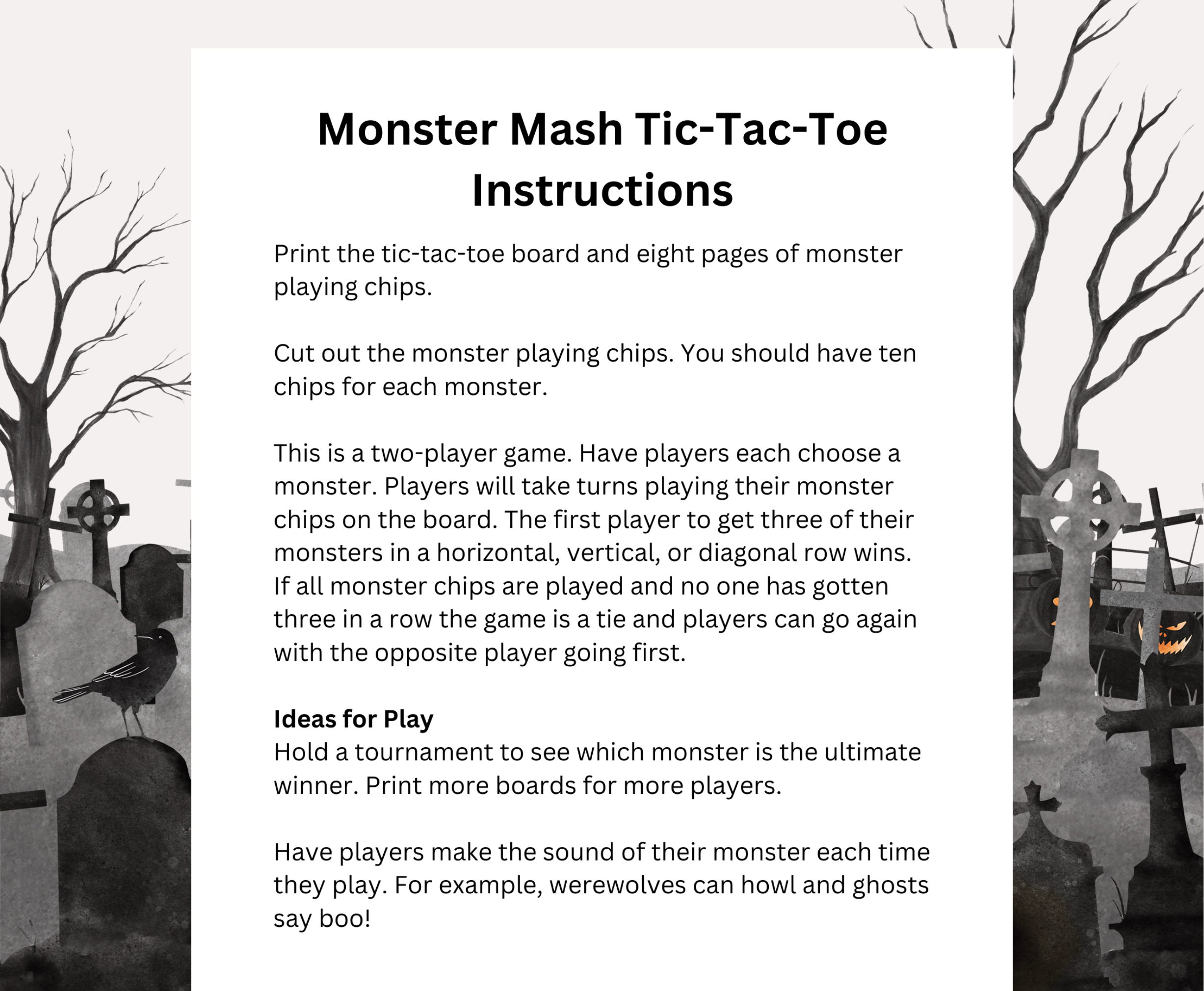 Monster mash tic-tac-toe instructions with graveyard background