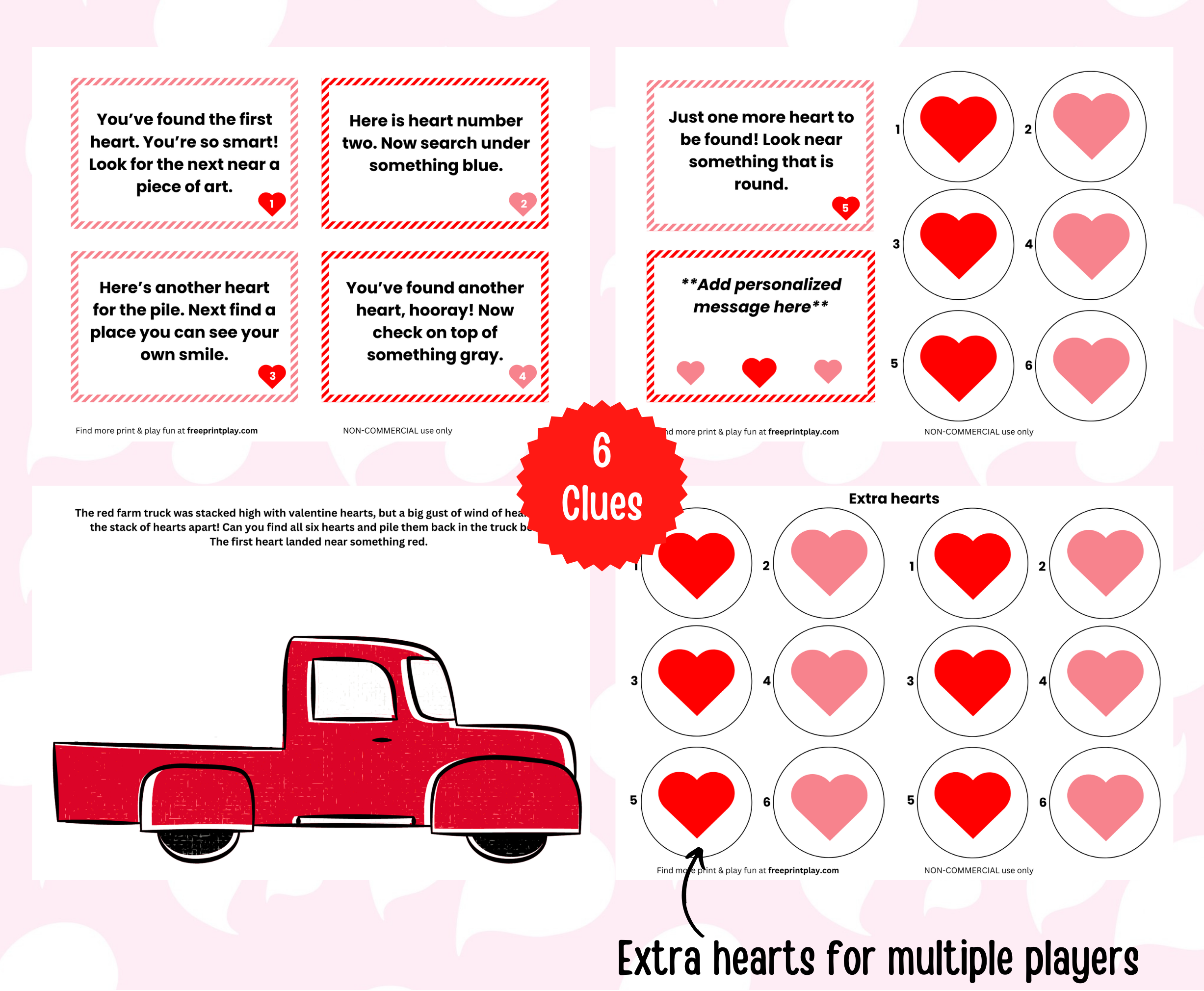Four pages containing six clues, hearts, and a red truck. 