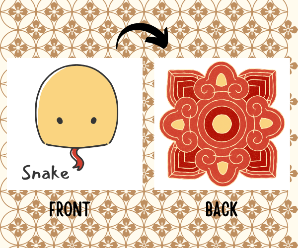 One snake chinese zodiac matching card and the back of the card with red and gold design.