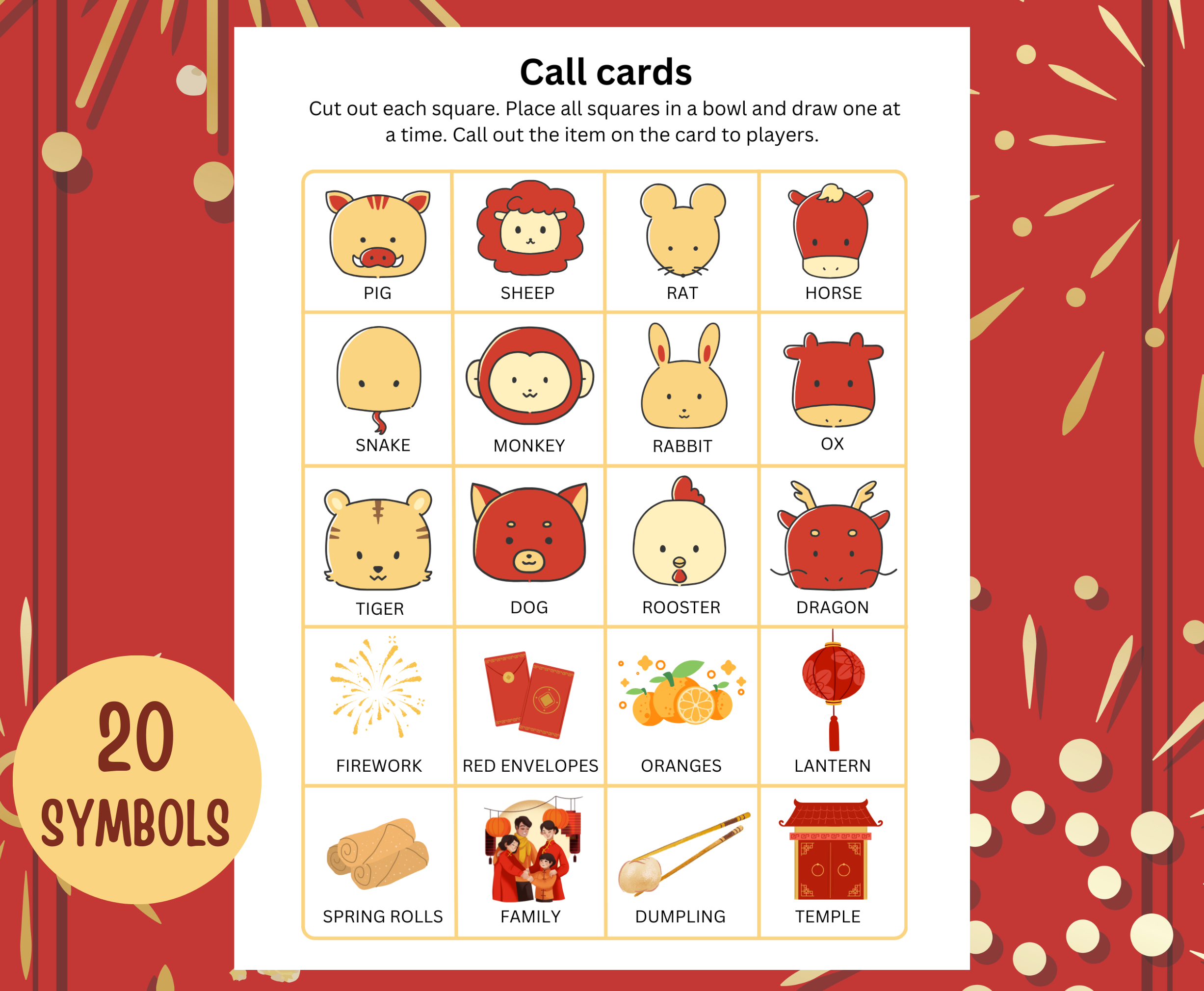 chinese new year bingo call cards containing 20 symbols